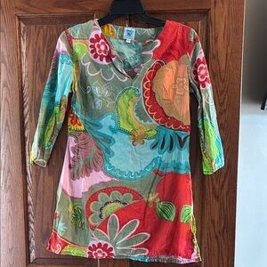 Karma living Colorful Floral mid sleeve 100% cotton v neck dress Small